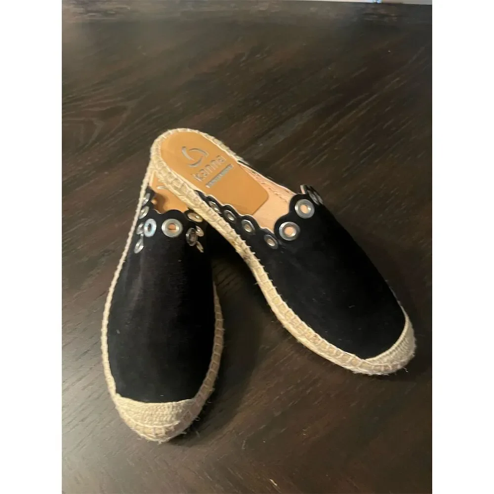 Kanna Women's Black Suede‎ Espadrille Mules with Eyelets Made in Spain sz6 EU 37
